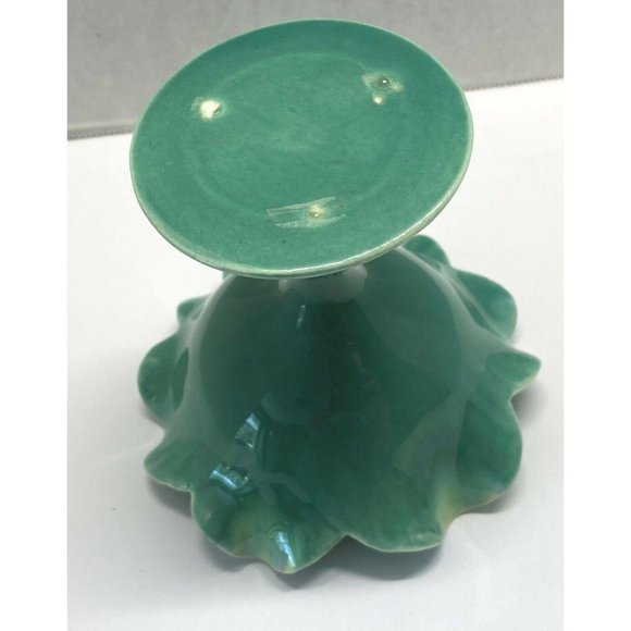 Free Form Opalescent Green Ruffled Edge Pedestal Trinket Bowl Dessert Dish - Picture 2 of 10